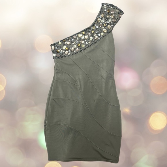 Bebe Rhinestone One-Shoulder Dress - Picture 1 of 6